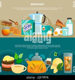 Set of flat horizontal banners with food and drink for breakfast and tea time isolated vector illustration Stock Vector