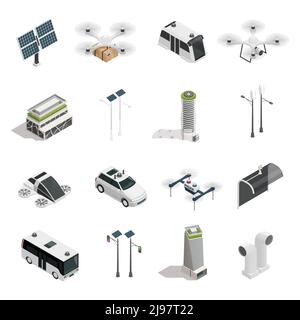 Smart city isometric icons collection with ecological energy sources unmanned vehicles and air purification technology isolated vector illustration Stock Vector