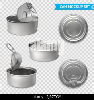 3d can mockup transparent set with text and isolated images of preserve tins with key opening vector illustration Stock Vector