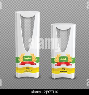 Set of realistic empty cardboard pasta packages with plastic window isolated on transparent background vector illustration Stock Vector