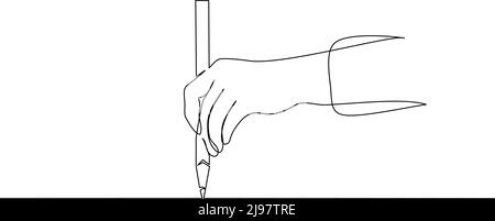 Hand holding pen, pencil and drawing. Continuous one line drawing. Vector illustration isolated on white background Stock Vector