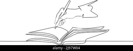 Hand holding pen and writing in book. Continuous one line drawing. Vector illustration isolated on white background Stock Vector