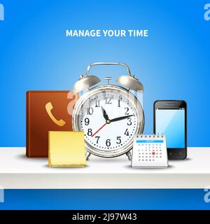 Time management realistic and colored composition with manage your time big headline vector illustration Stock Vector