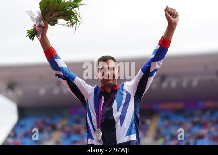 Robbie Grabarz receives his silver medal for the Men's high jump at the London 2012 Olympics after he was upgraded from bronze during the Muller Birmingham Diamond League meeting at the Alexander Stadium, Birmingham. Picture date: Saturday May 21, 2022. Stock Photo