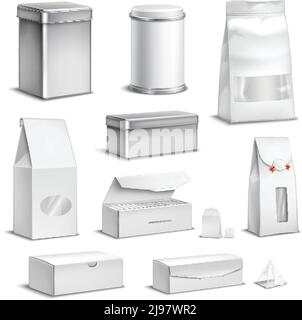 Tea blank white packaging set realistic isolated vector illustration Stock Vector