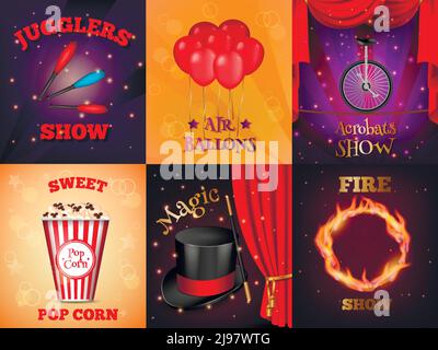 Circus compositions cards realistic 3d collection of six artworks with text captions and colourful props images vector illustration Stock Vector