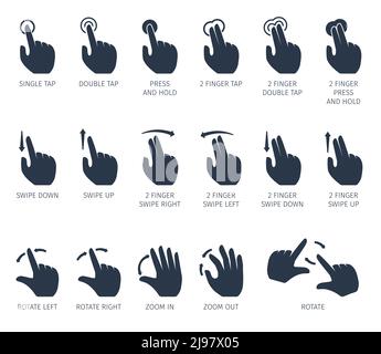 Touch gestures icons set with hands tap rotate press swipe isolated vector illustration Stock Vector