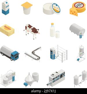 Isometric dairy factory elements set with farm packaging bottles cans ...