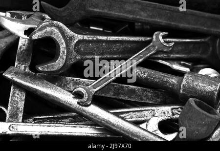 Different dirty old hand tools close-up Stock Photo