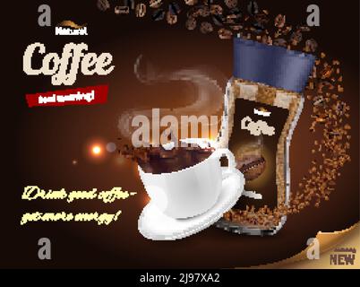 Instant coffee advertisement realistic composition poster with packaging and freshly brewed cup on brown background vector illustration Stock Vector