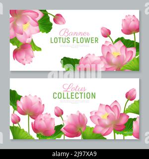 Beautiful realistic lotus flowers collection 2 ornamental horizontal banners set with lettering on white background vector illustration Stock Vector