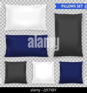 Realistic bedroom pillows various shapes and sizes set in white blue black top view transparent vector illustration Stock Vector