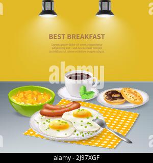 Best tasty breakfast with eggs sausages flakes donuts and coffee on grey table realistic background vector illustration Stock Vector