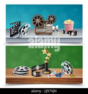 Realistic colorful set of two horizontal cinema banners with trophy reels clapboard camcorder popcorn bucket tickets isolated vector illustration Stock Vector