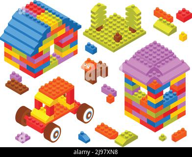 Children toy constructor isometric composition with tractor tower house dog from colorful building bricks blocks vector illustration Stock Vector