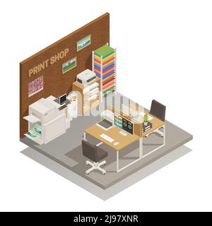 Printshop studio interior to print mobile and desktop photos documents cards t-shirts isometric composition vector illustration Stock Vector