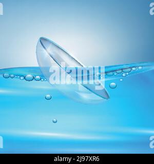 Realistic eye lenses in water with air bubbles, composition on blue background 3d vector illustration Stock Vector