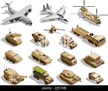 Army transport isometric icons collection with cargo aircraft helicopter fleet fighter tanks military vehicles isolated vector illustration Stock Vector