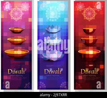 Diwali set of vertical banners with burning lanterns isolated on blurred background with rangoli vector illustration Stock Vector