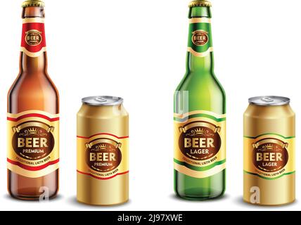 Set of realistic beer packagings including glass bottles and aluminum cans isolated on white background vector illustration Stock Vector