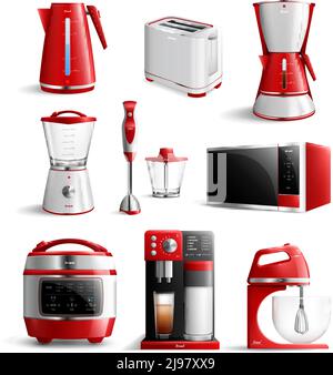 Colored realistic household kitchen appliances icon set with red elements and stylish type vector illustration Stock Vector