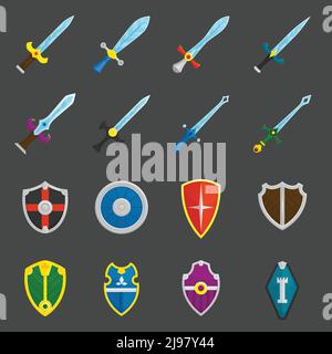 Antique weapon color icons set with heraldic battle shields and crusader knights swords abstract isolated vector illustration Stock Vector