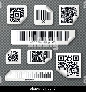 Set of stickers qr and linear bar codes with bent corner on transparent background isolated vector illustration Stock Vector
