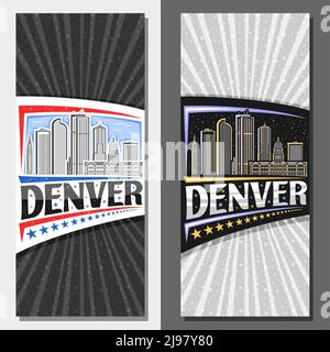Vector vertical layouts for Denver, decorative invitations with outline illustration of denver city scape on day and dusk sky background, art design t Stock Vector