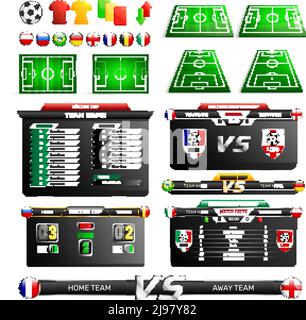 Sport program broadcast elements with soccer fields, uniforms icons, information boards, country flags, logos, isolated vector illustration Stock Vector