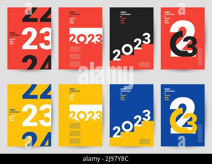 Creative Concept Of 2023 Happy New Year Poster Design Templates With Typography Logo 2023 Posters In Two Colors Black Red And Yellow Blue 2j97y8c 