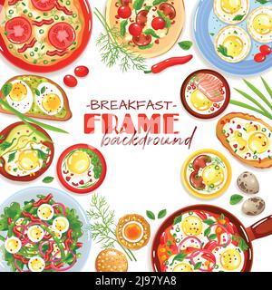 Decorative frame with colorful egg dishes for breakfast top view on white background flat vector illustration Stock Vector