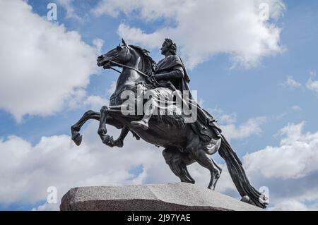 Bronze Horseman against cloudy skies. Monument to Peter the Great on Senate Square in the city of Saint Petersburg, Russia. Stock Photo