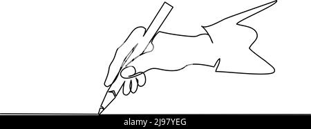 Hand holding pen, pencil and drawing. Continuous one line drawing. Vector illustration isolated on white background Stock Vector
