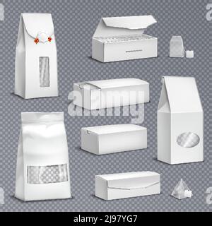 Blank white paper tea bags and loose leaves packs boxes packages realistic set transparent background vector illustration Stock Vector