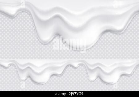 Two borders with pattern composed of white yogurt or ice cream drips on transparent background seamless vector illustration Stock Vector
