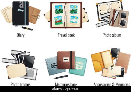 Six isolated compositions of memories books diaries photo albums travel book photo frames cartoon vector illustration Stock Vector