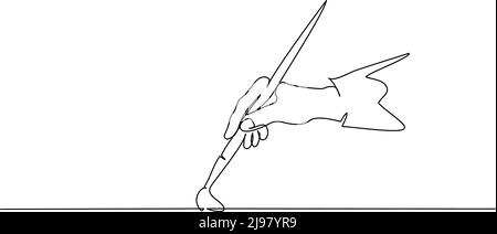 Hand holding paint brush and painting. Continuous one line drawing. Vector illustration isolated on white background Stock Vector