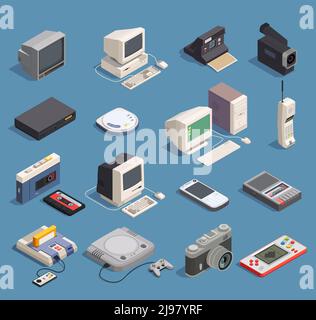 Different retro gadgets isometric icons set with computer player recorder console phone camera 3d isolated vector illustration Stock Vector