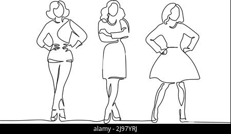 Three slender girls standing. Continuous one line drawing. Vector illustration Stock Vector