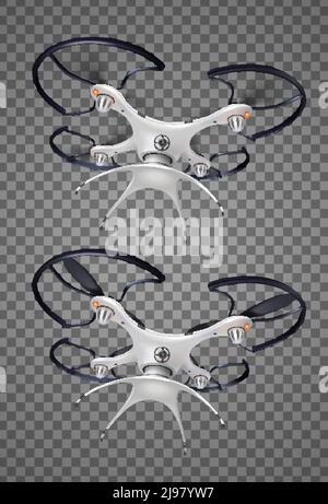 Two drone with camera realistic transparent icon set for different needs protection military logistic vector illustration Stock Vector