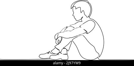 Sad young boy teenager sitting alone. Continuous one line drawing. Vector illustration Stock Vector