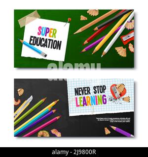 Two education realistic banners with colored pencils and notebook sheet with never stop learning text vector illustration Stock Vector