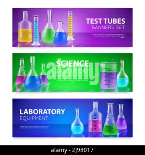 Realistic test-tubes retorts scientific chemical laboratory glassware equipment 3 horizontal colorful banners set isolated vector illustration Stock Vector