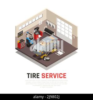 Tire service workshop interior with automobile jacks car tire fitting and balancing equipment isometric vector illustration Stock Vector