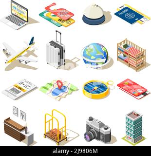 Travel isometric icons set of airplane tickets compass camera travel hotel reception passport isolated images vector illustration Stock Vector