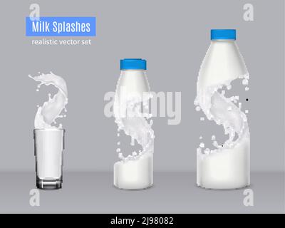 Milk splashes realistic composition with two plastic bottles and glass beaker filled with milk vector illustration Stock Vector