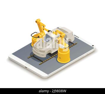 Smart industry intelligent manufacturing isometric composition with 2 robotic arms in automotive assembly line vector illustration Stock Vector