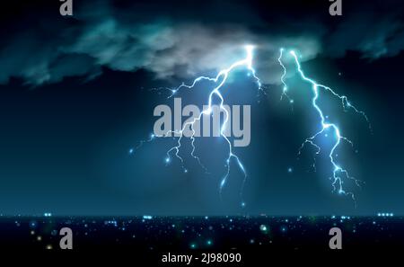 Realistic lightning bolts flashes composition with view of night city sky with clouds and thunderbolt images vector illustration Stock Vector