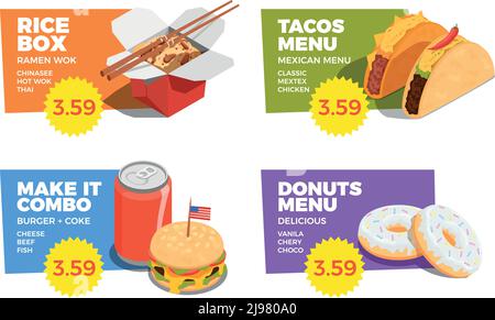 Street food concept set with tacos and donuts menu  symbols isometric isolated vector illustration Stock Vector
