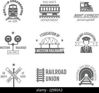 Railway corporation railroad department fast train express black label set isolated vector illustration Stock Vector